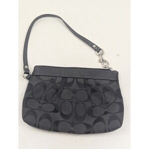 Coach Signature Black Canvas Wristlet‎ Small Zip Pouch C Logo Monogram Purse